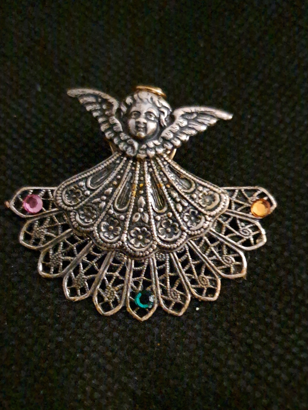 Angel Filigree Pin with Multicolor Stones - Gold & Silver Tone